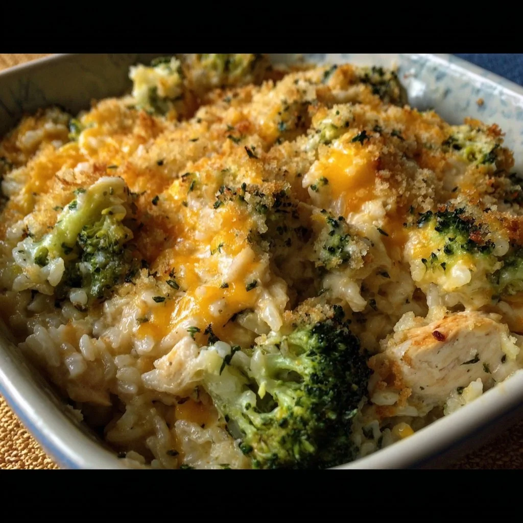 Pioneer Woman broccoli chicken rice casserole plated and garnished