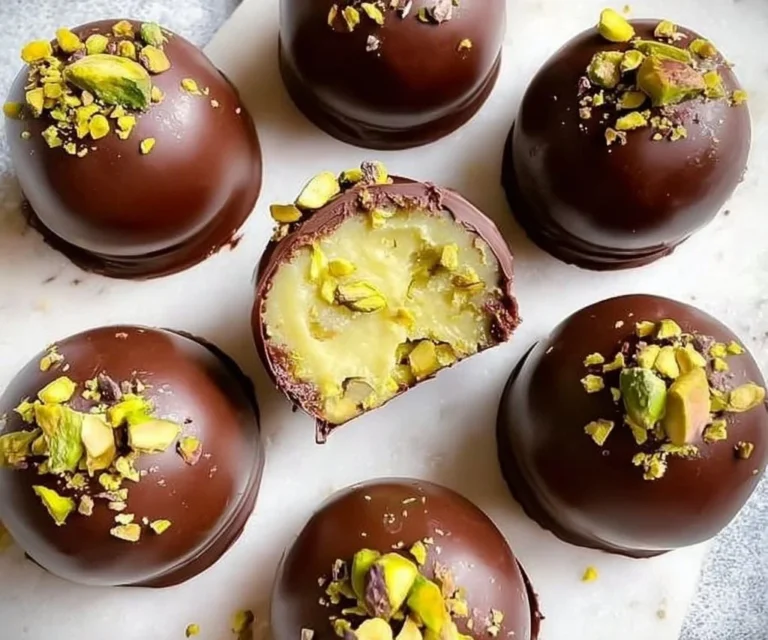 Decadent pistachio ganache truffles topped with crushed pistachios.