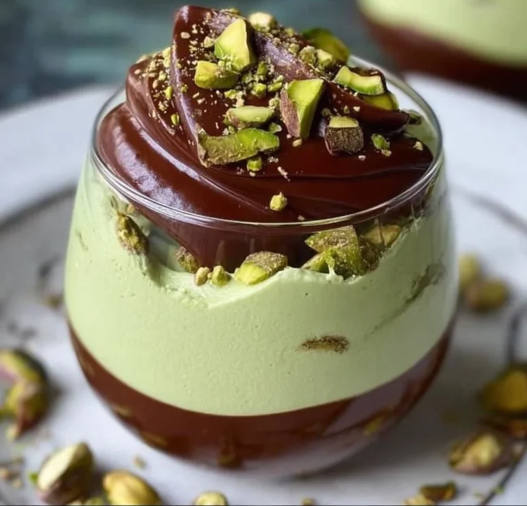 Delicious pistachio mousse topped with creamy chocolate ganache in a dessert glass