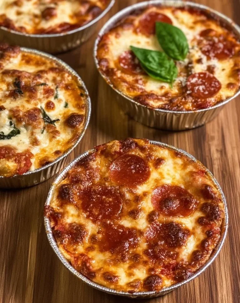 Deliciously baked pizza pot pie with melted cheese and colorful toppings.