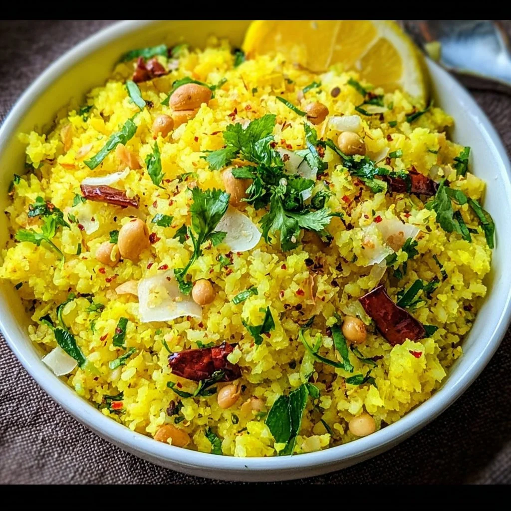 A bowl of freshly made Poha, a popular Indian breakfast dish, garnished with cilantro.