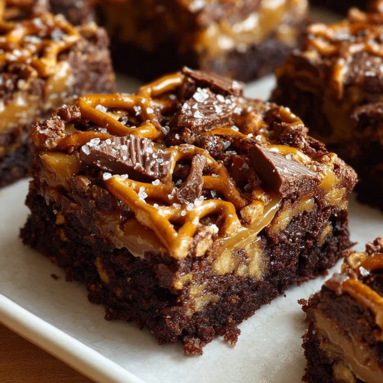 Delicious pretzel bottom caramel brownies with a rich chocolate layer.