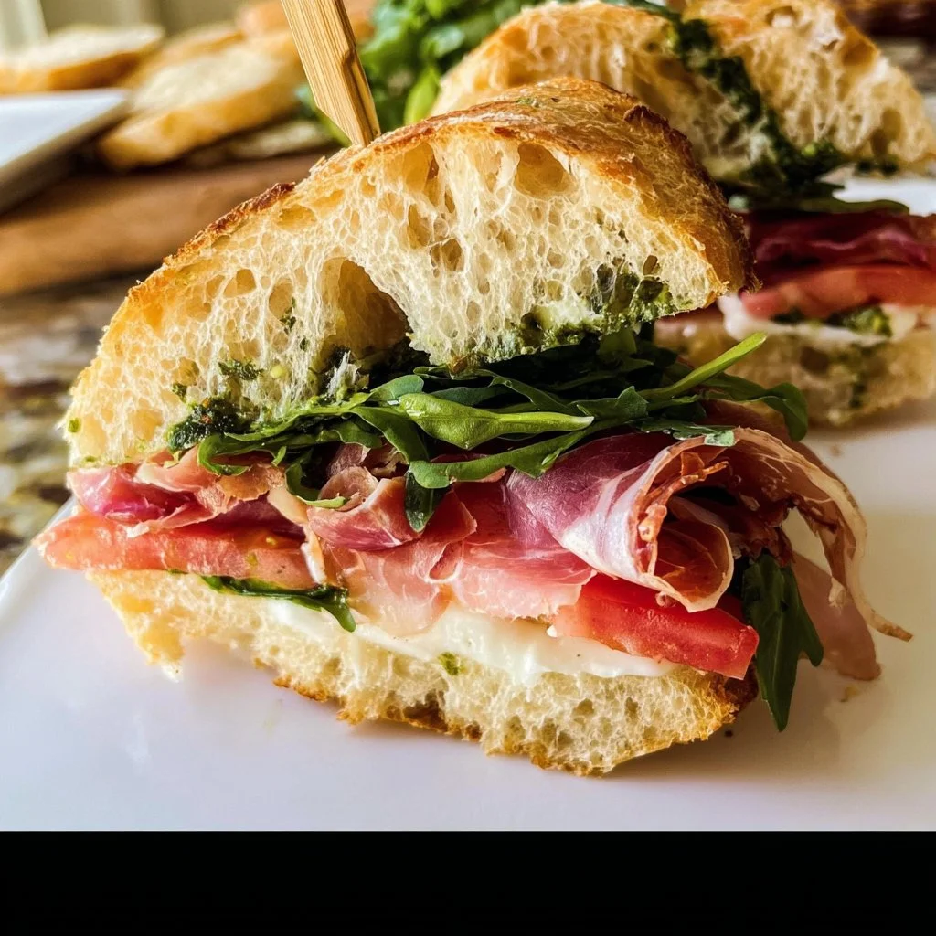 Prosciutto Mozzarella Sandwich with Basil Aioli served on a wooden board