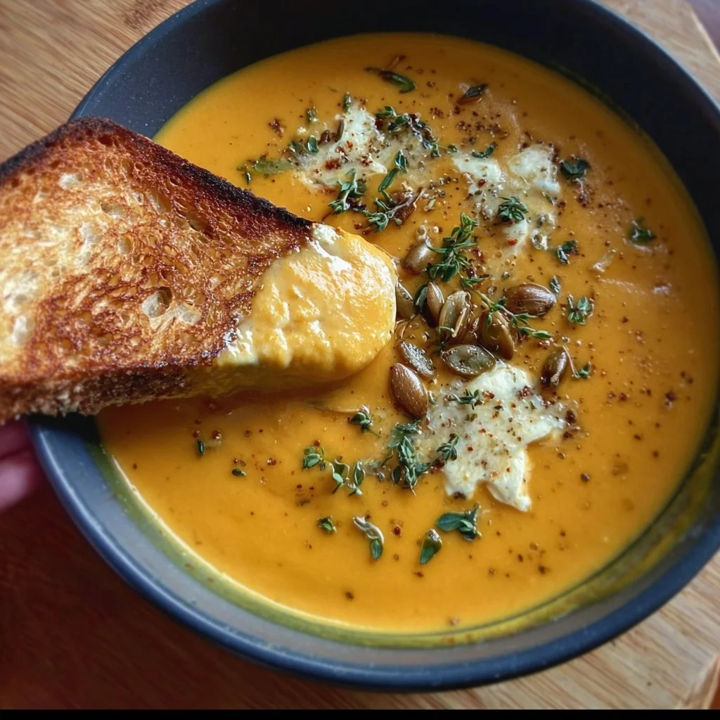 A bowl of protein-packed butternut squash soup garnished with herbs.