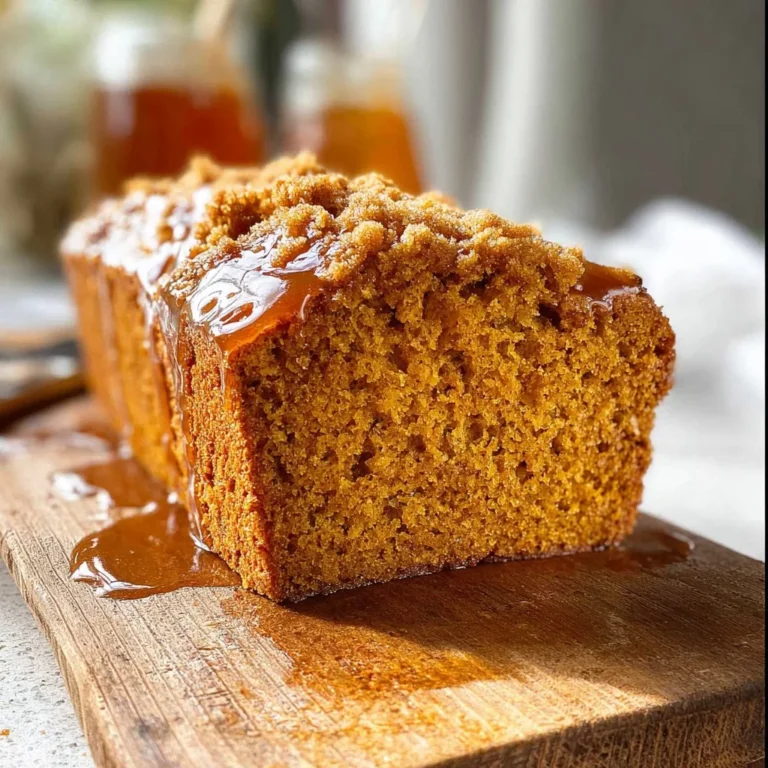Pumpkin bread topped with a sweet maple glaze drizzled on a plate