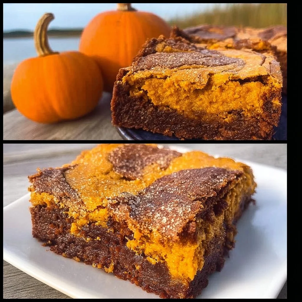 Delicious Pumpkin Brownies topped with chocolate and pumpkin spice.