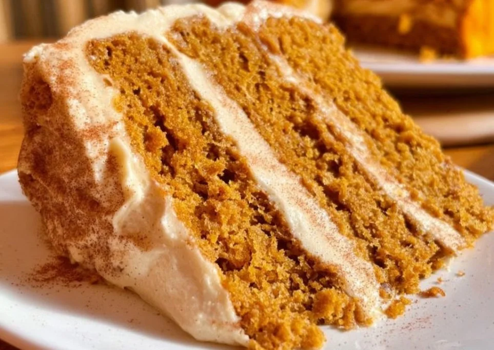 Sliced pumpkin cake with cinnamon cream cheese frosting on a plate