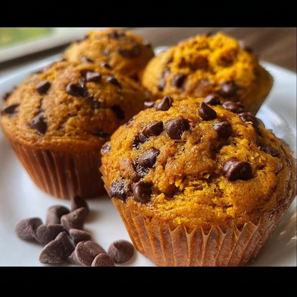 Freshly baked pumpkin chocolate chip muffins with chocolate chips on top