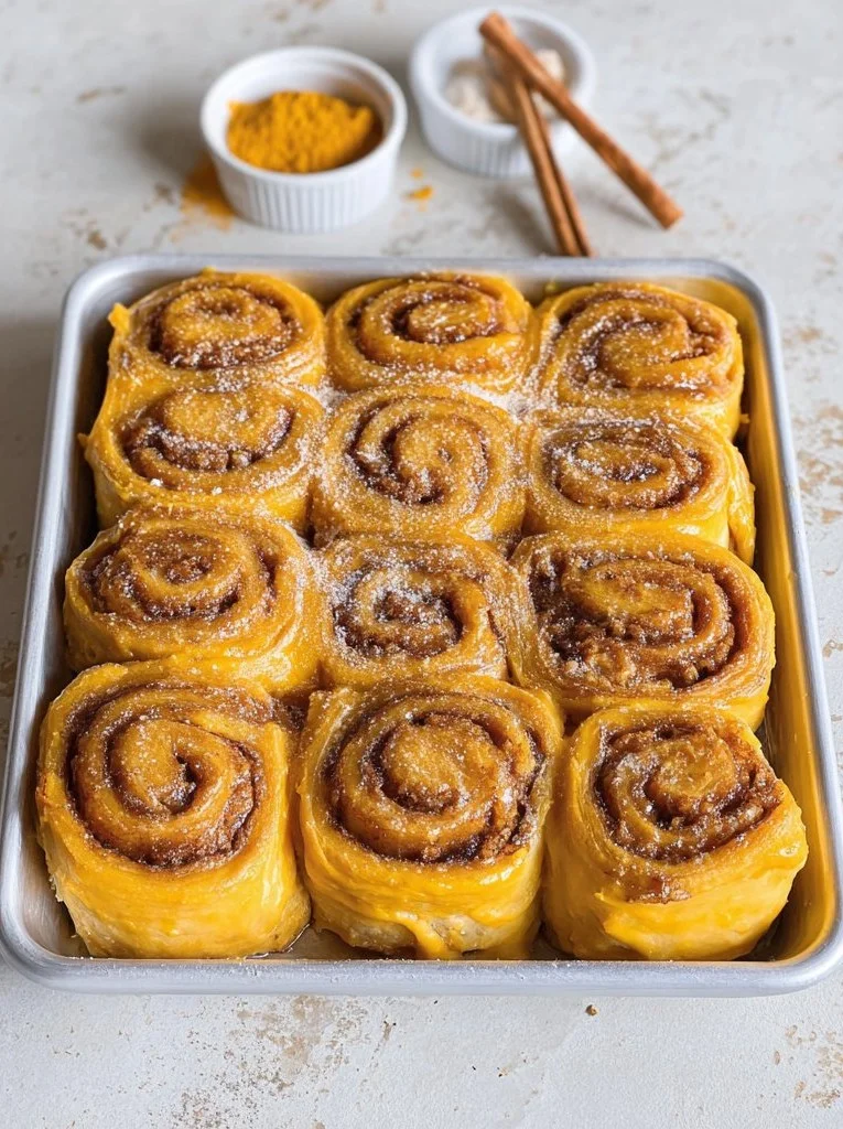 Delicious Pumpkin Cinnamon Rolls drizzled with icing and topped with spices