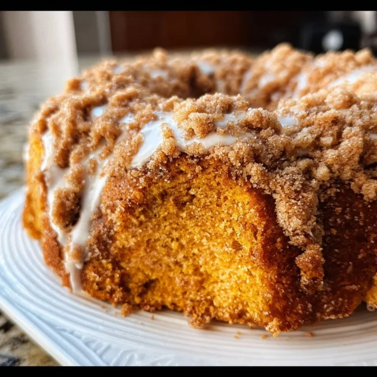 Homemade pumpkin coffee cake topped with crumbs on a rustic wooden table