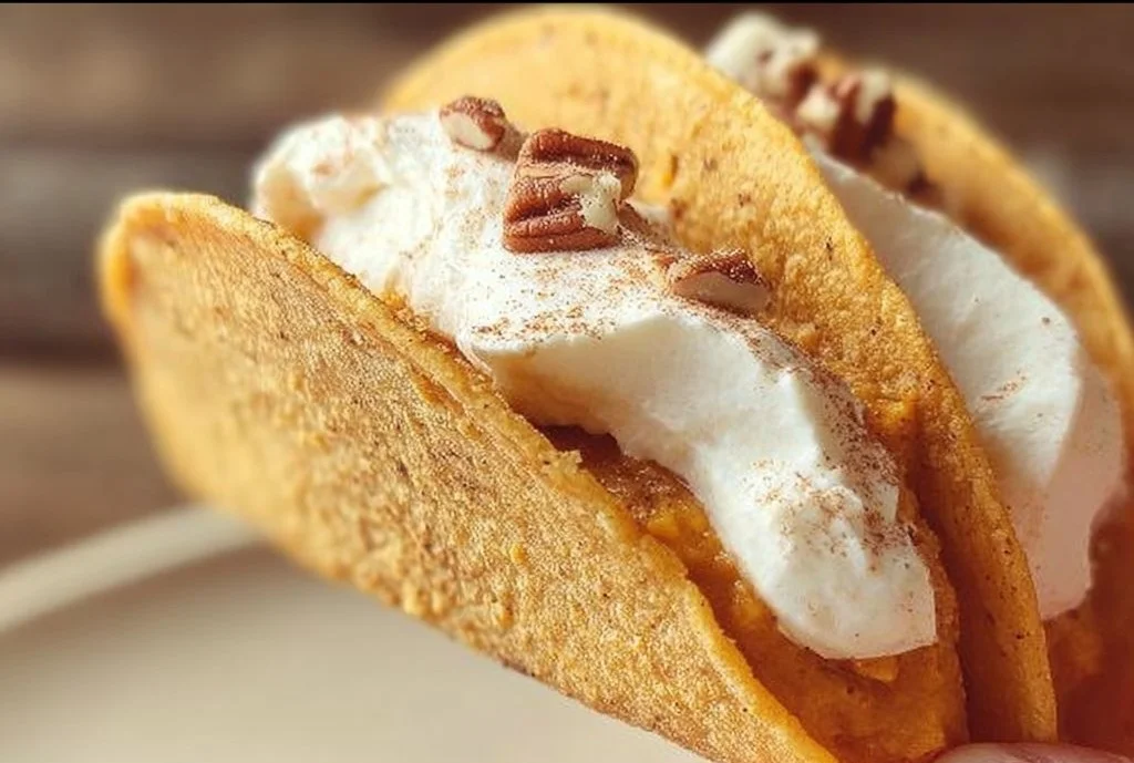 Delicious Pumpkin Pie Tacos served with whipped cream and spices