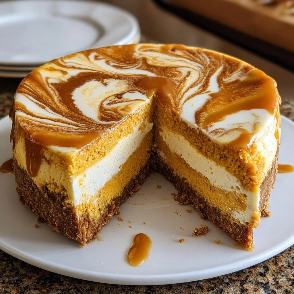 Delicious Pumpkin Swirl Cheesecake topped with a creamy swirl and spices