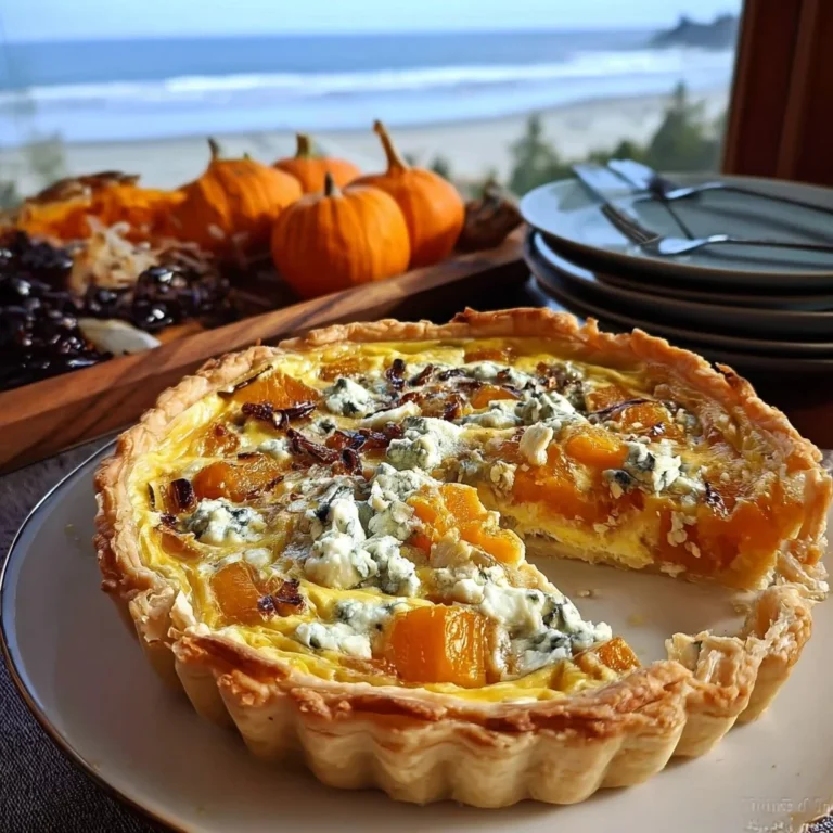 Delicious pumpkin and Gorgonzola quiche, a perfect main dish for any occasion.