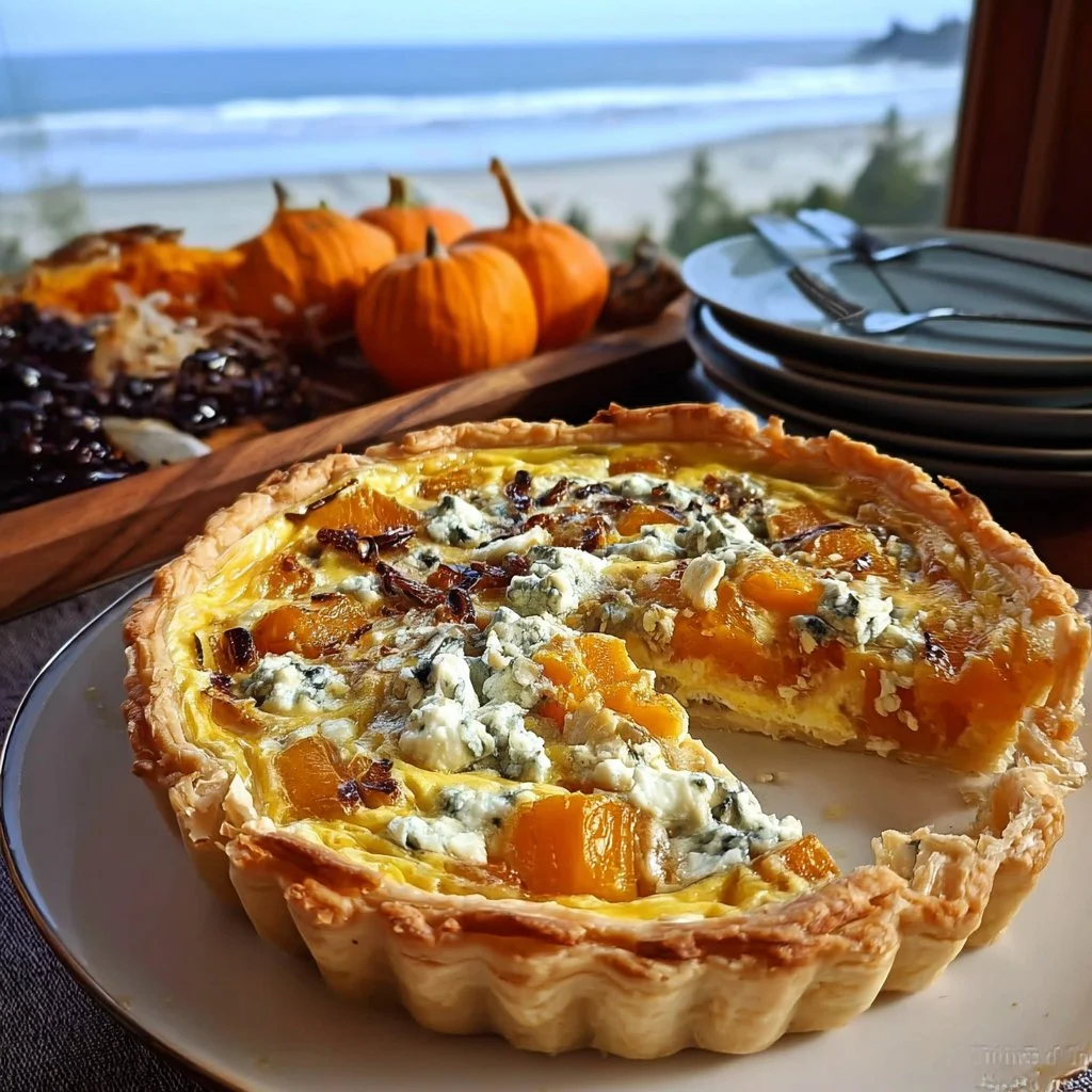Delicious pumpkin and Gorgonzola quiche, a perfect main dish for any occasion.