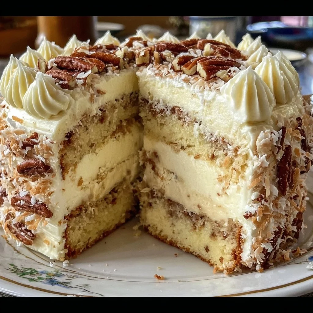 Delicious quick Italian Cream Cake topped with nuts and icing on a white plate