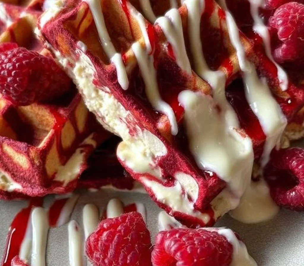 Delicious red velvet marble waffles topped with cream cheese frosting