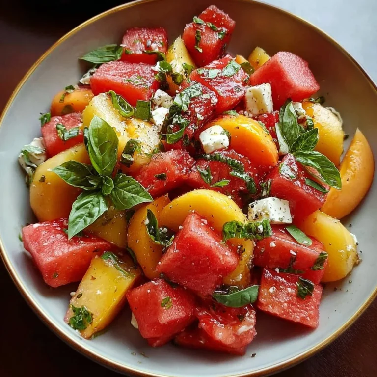 Refreshing watermelon peach salad served in a bowl, ideal for summer days