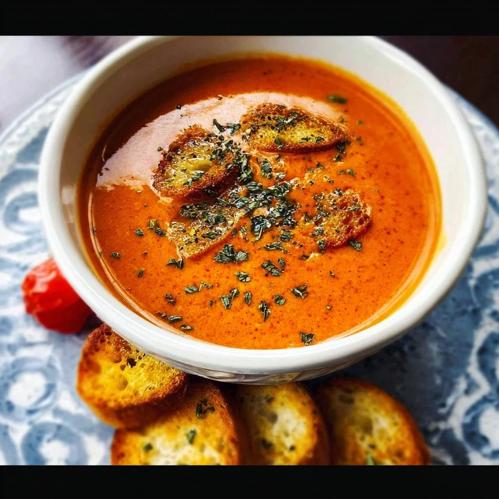 Delicious roasted tomato basil soup garnished with fresh basil leaves.