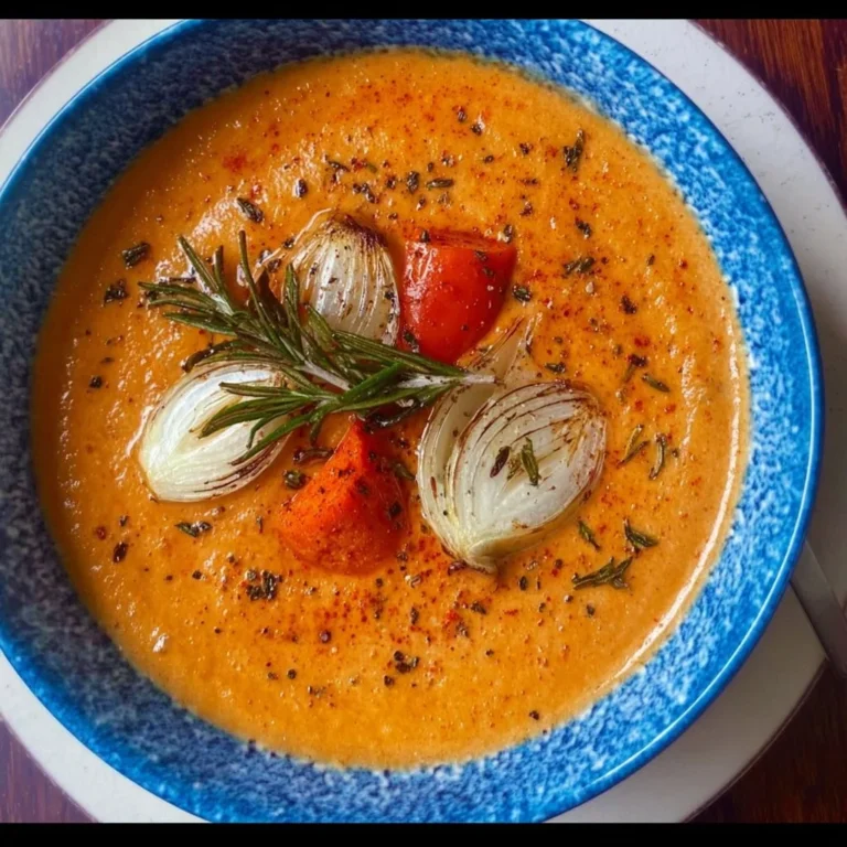 Bowl of creamy roasted vegetable soup garnished with fresh herbs