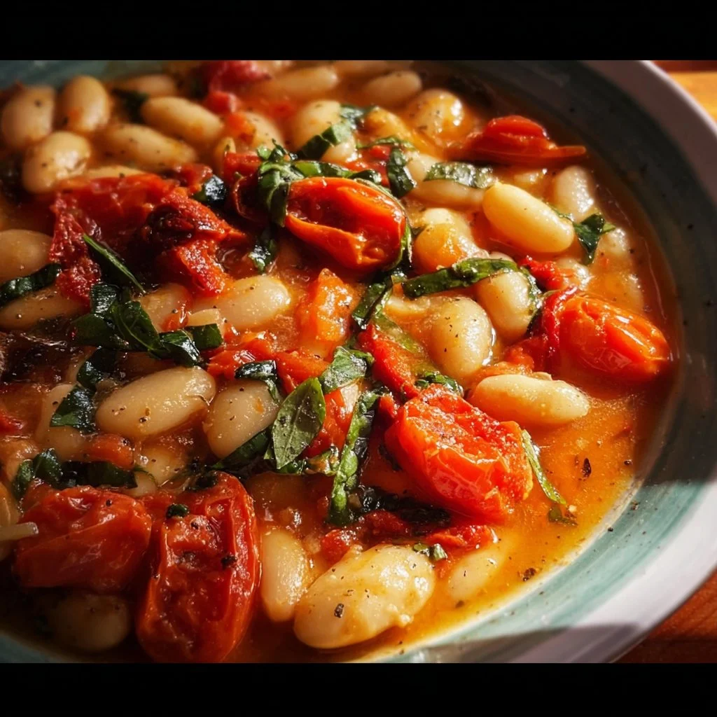 Savory butter beans with tomatoes and basil in a bowl