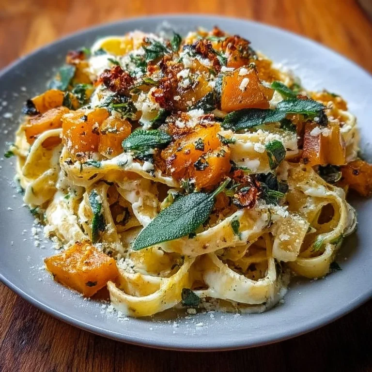 Savory butternut squash and sage pasta garnished with herbs on a plate