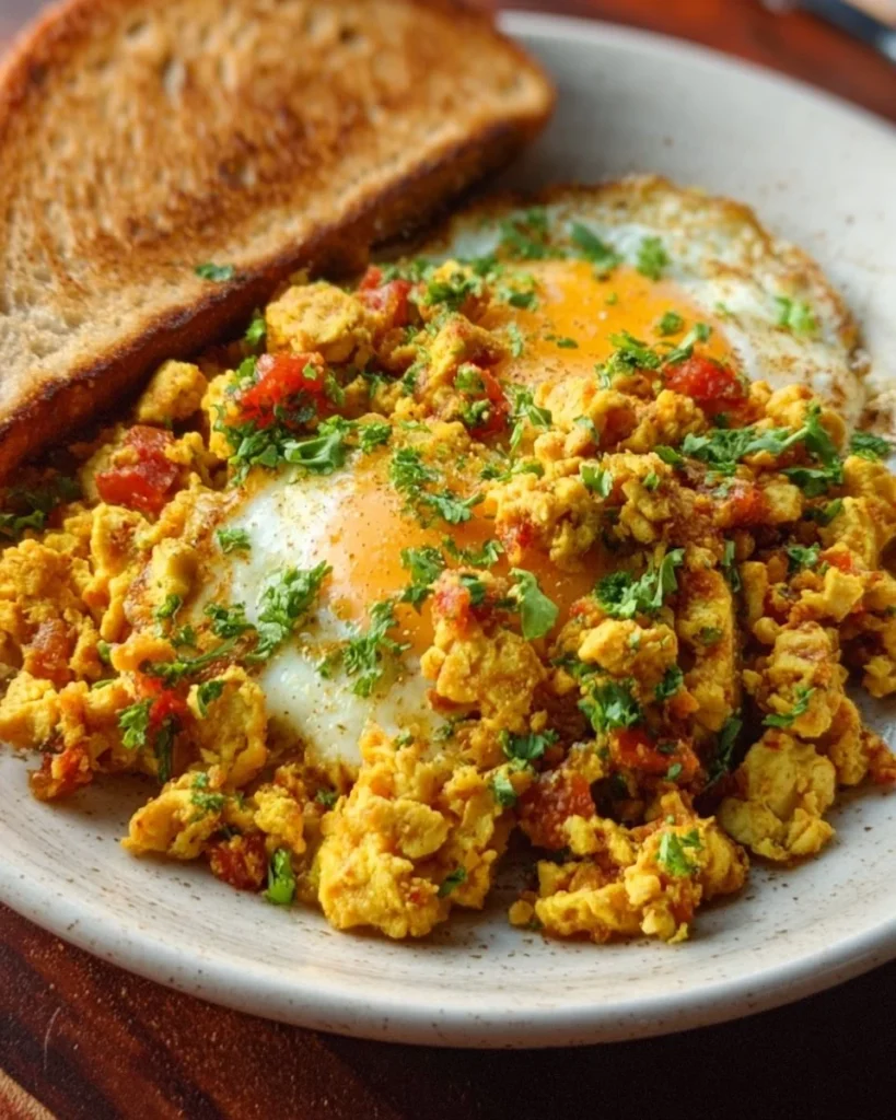 Fluffy scrambled eggs served in a bowl with herbs and spices.