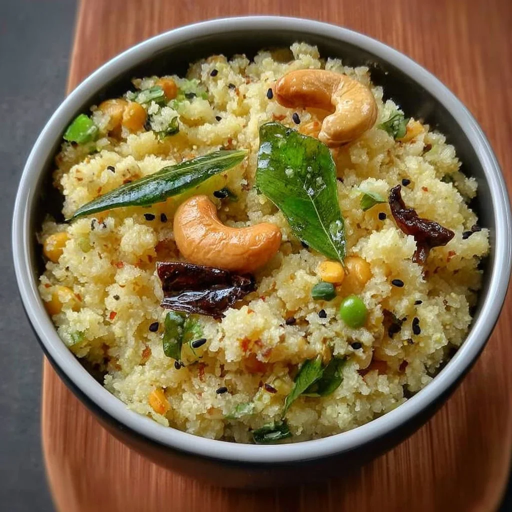 A vibrant plate of Semolina Upma garnished with vegetables and coriander