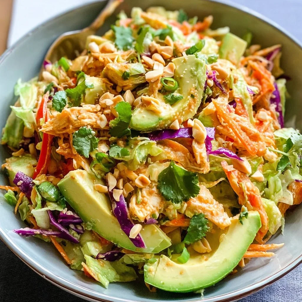 Shredded Thai salad with avocado, vibrant vegetables, and herbs, healthy meal option