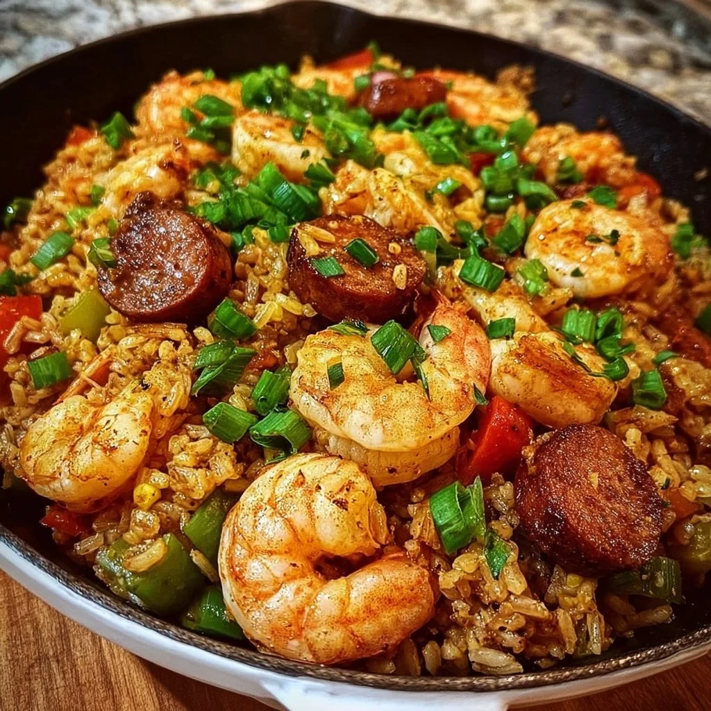 Shrimp and Sausage Dirty Rice served in a bowl with fresh herbs