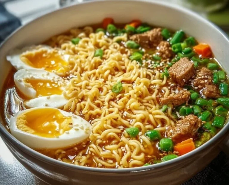Bowl of slow cooker beef ramen with steam rising and toppings