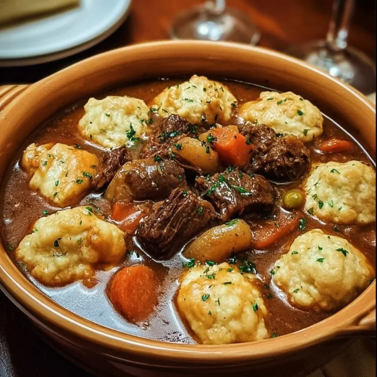 Delicious slow cooker beef stew with fluffy dumplings in a bowl
