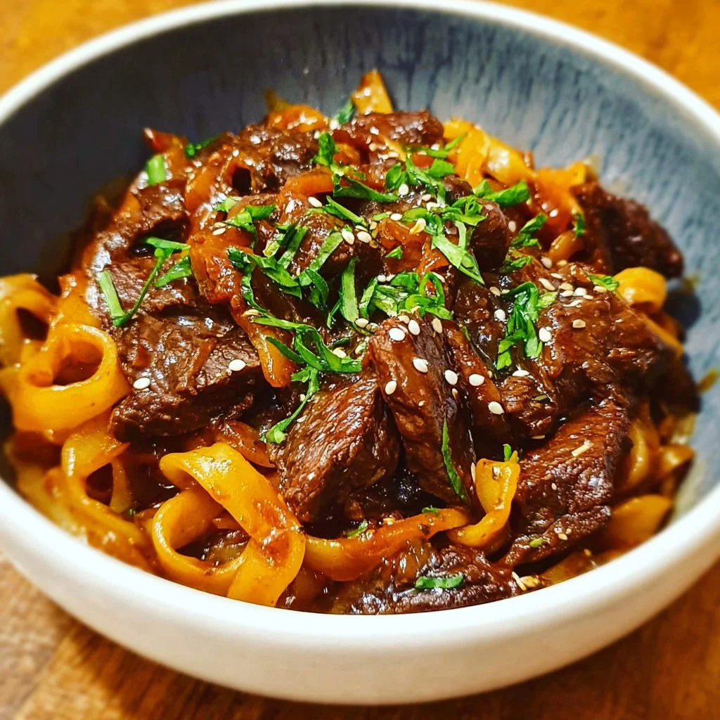 Delicious Slow Cooker Korean Beef Noodles in a bowl with fresh herbs