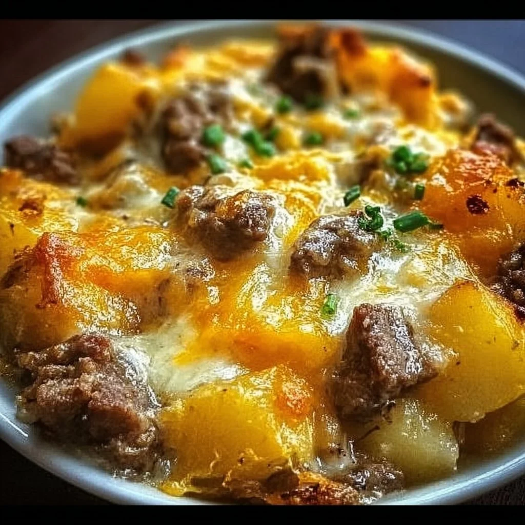 Slow Cooker Steak and Cheddar Potato Casserole ingredients in a bowl.