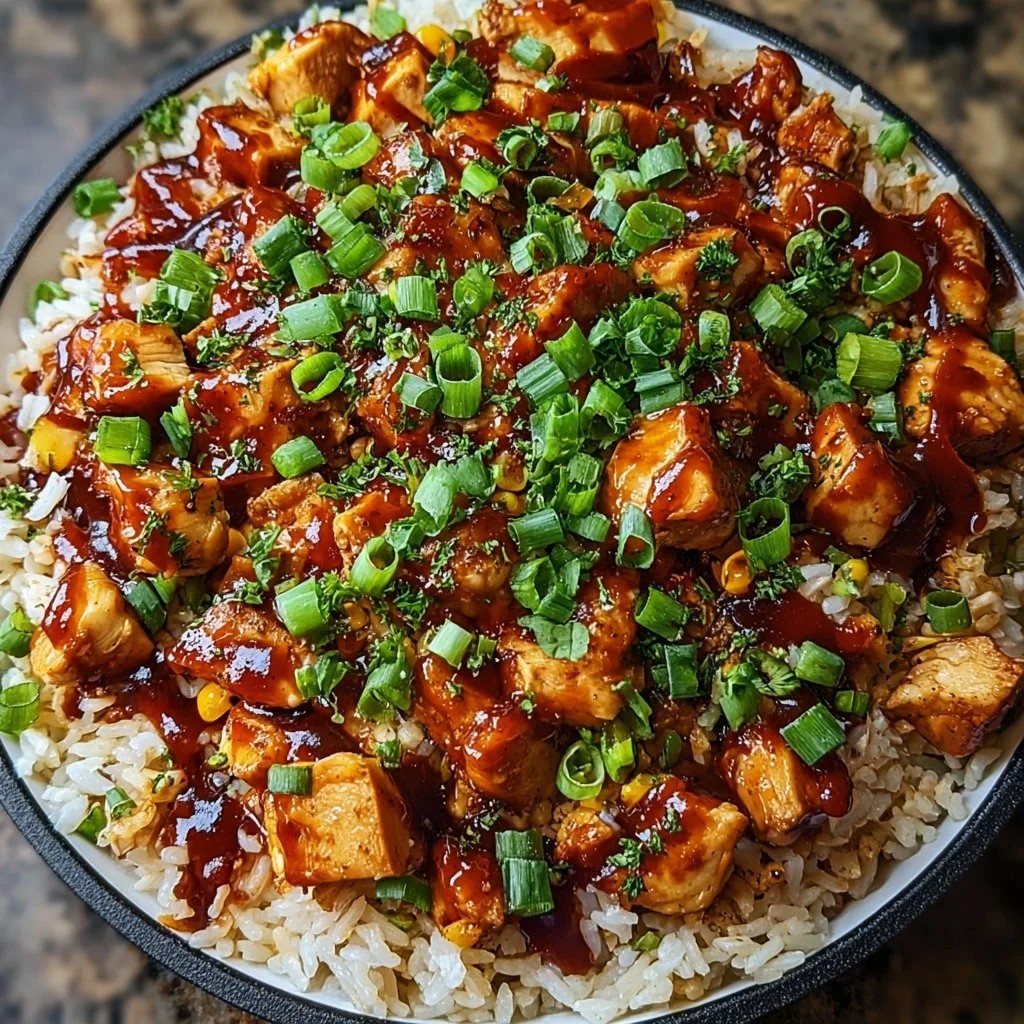 Smoky chipotle BBQ chicken served with rice in a skillet