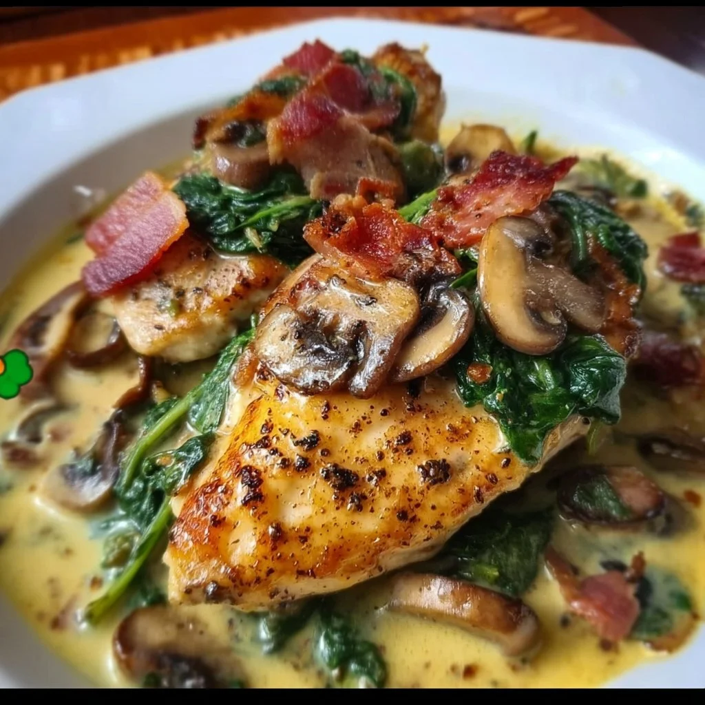 Delicious smothered chicken with creamed spinach, bacon, and mushrooms