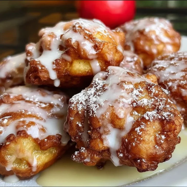 Soft cinnamon apple fritters with a dusting of powdered sugar.