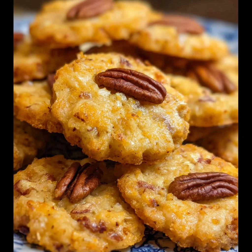 Plate of Southern Pecan Cheese Wafers with pecans and cheese