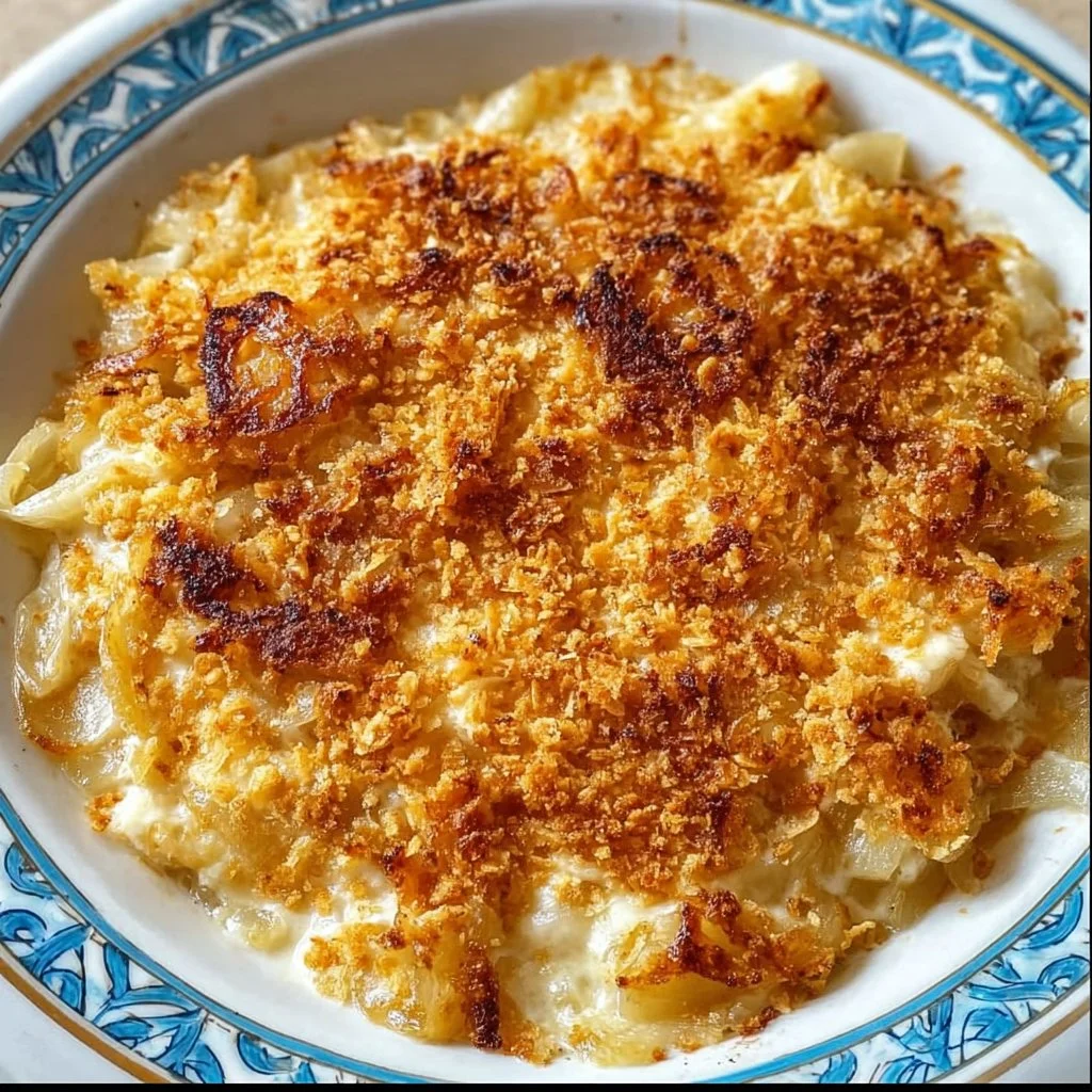 Delicious Southern Sweet Onion Casserole served in a baking dish