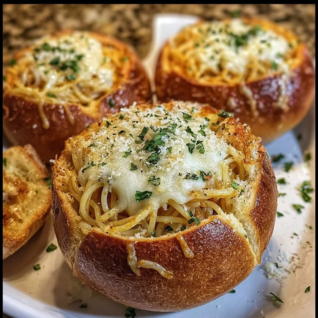 Spaghetti garlic bread bowls filled with delicious pasta and garlic-flavored bread
