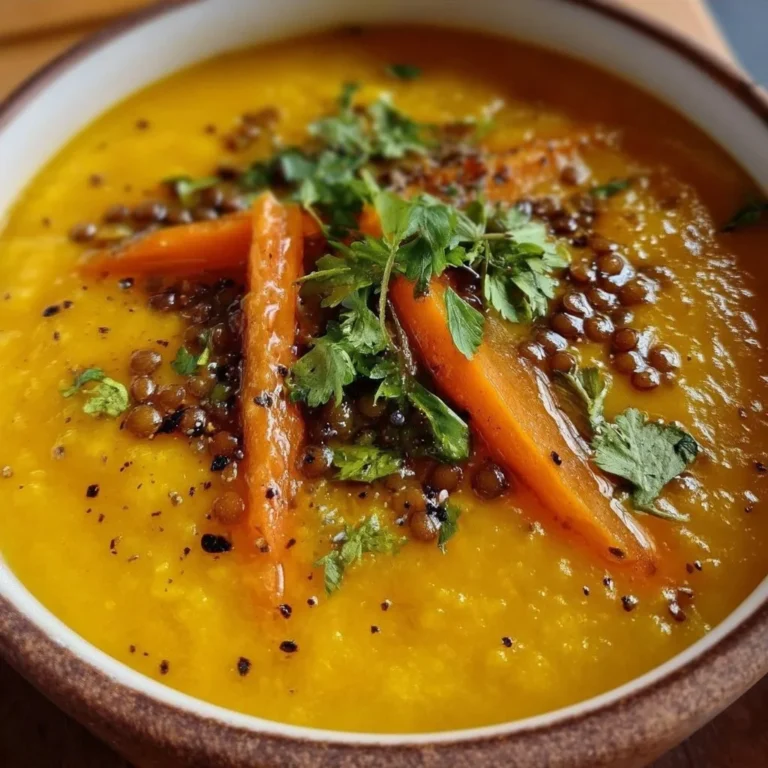 Bowl of spiced carrot and lentil soup garnished with herbs