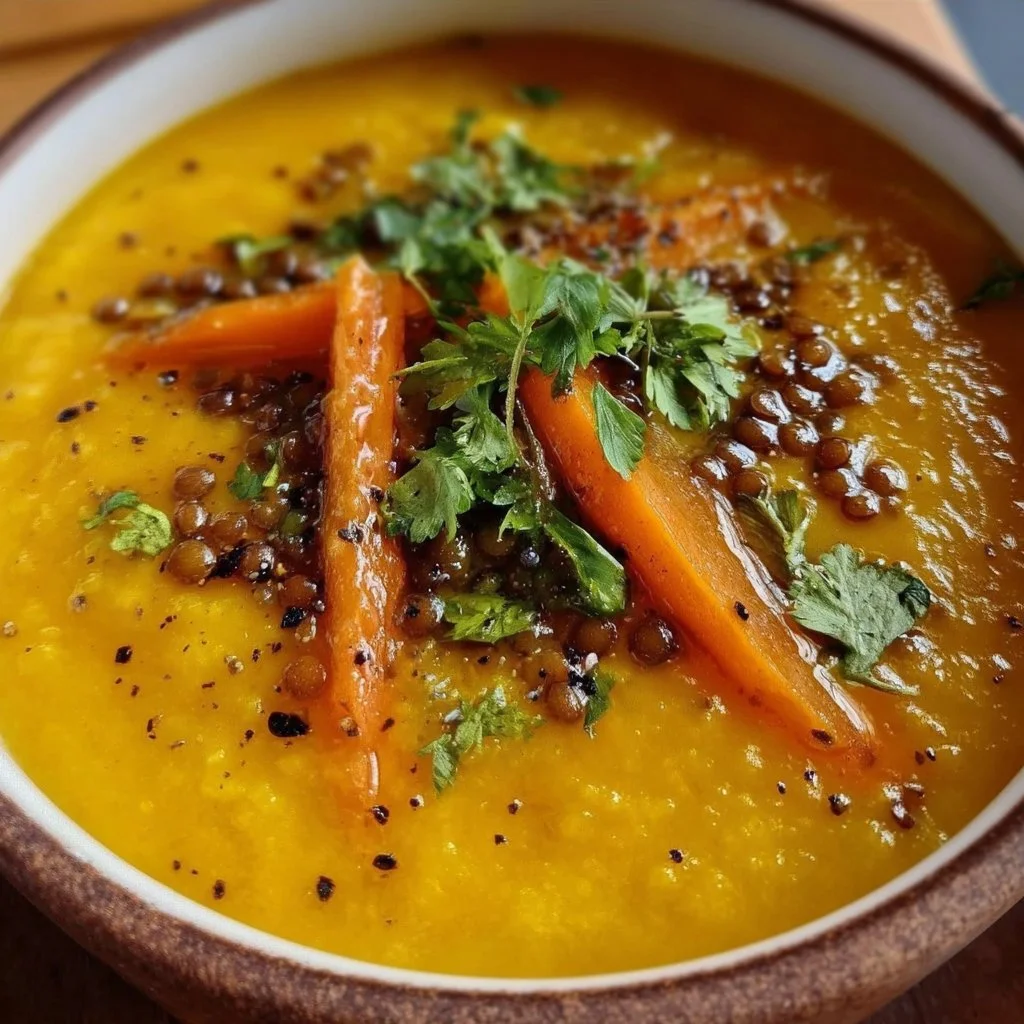 Bowl of spiced carrot and lentil soup garnished with herbs