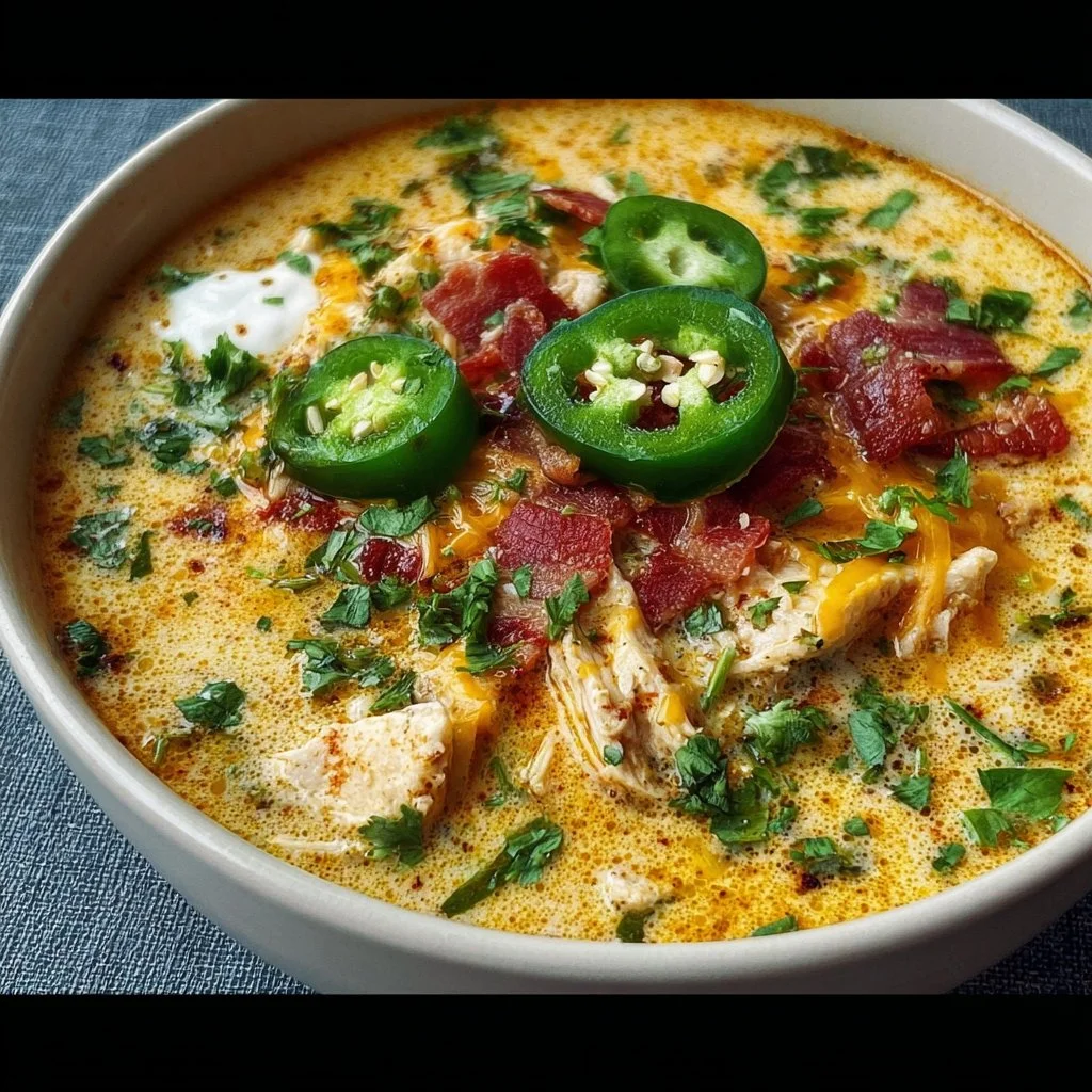Bowl of spicy jalapeño popper chicken soup topped with cheese and jalapeños.