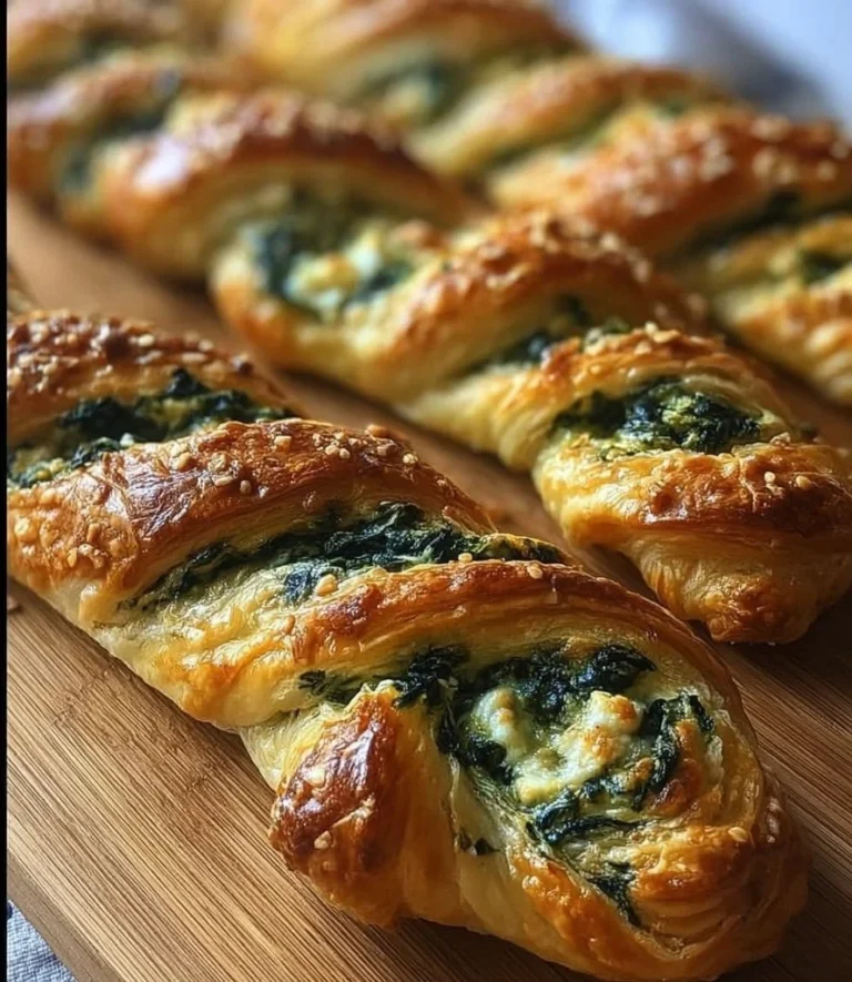 Spinach and feta puff pastry twists served on a plate