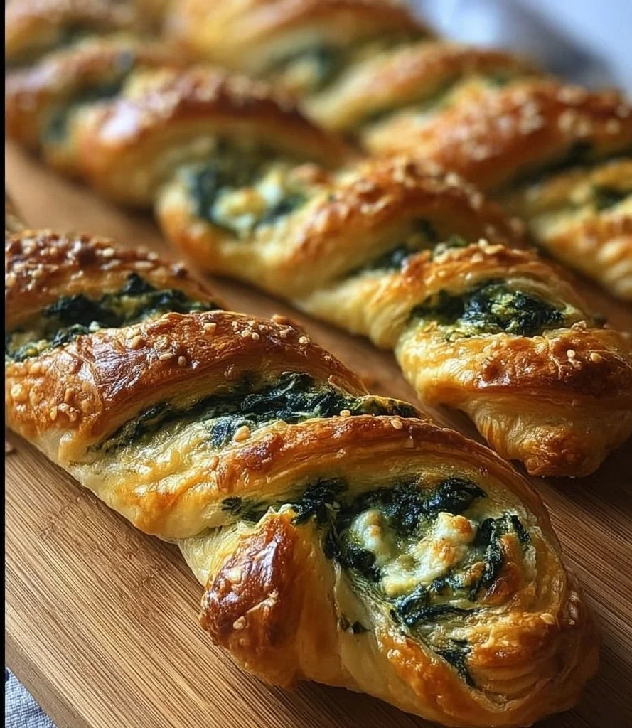 Spinach and feta puff pastry twists served on a plate