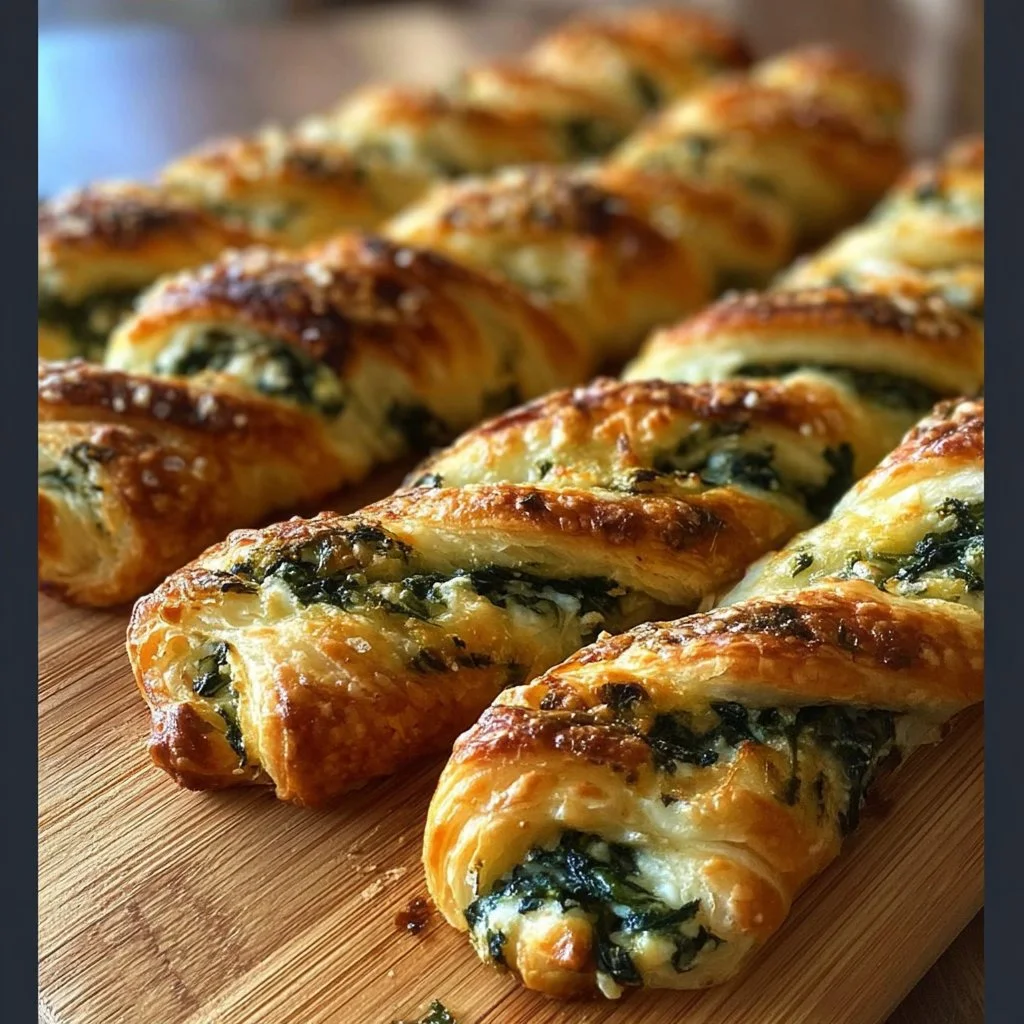 Spinach feta twists made with puff pastry, baked until golden brown