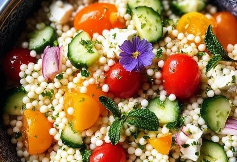 Delicious Spring Couscous Salad with fresh vegetables and herbs.