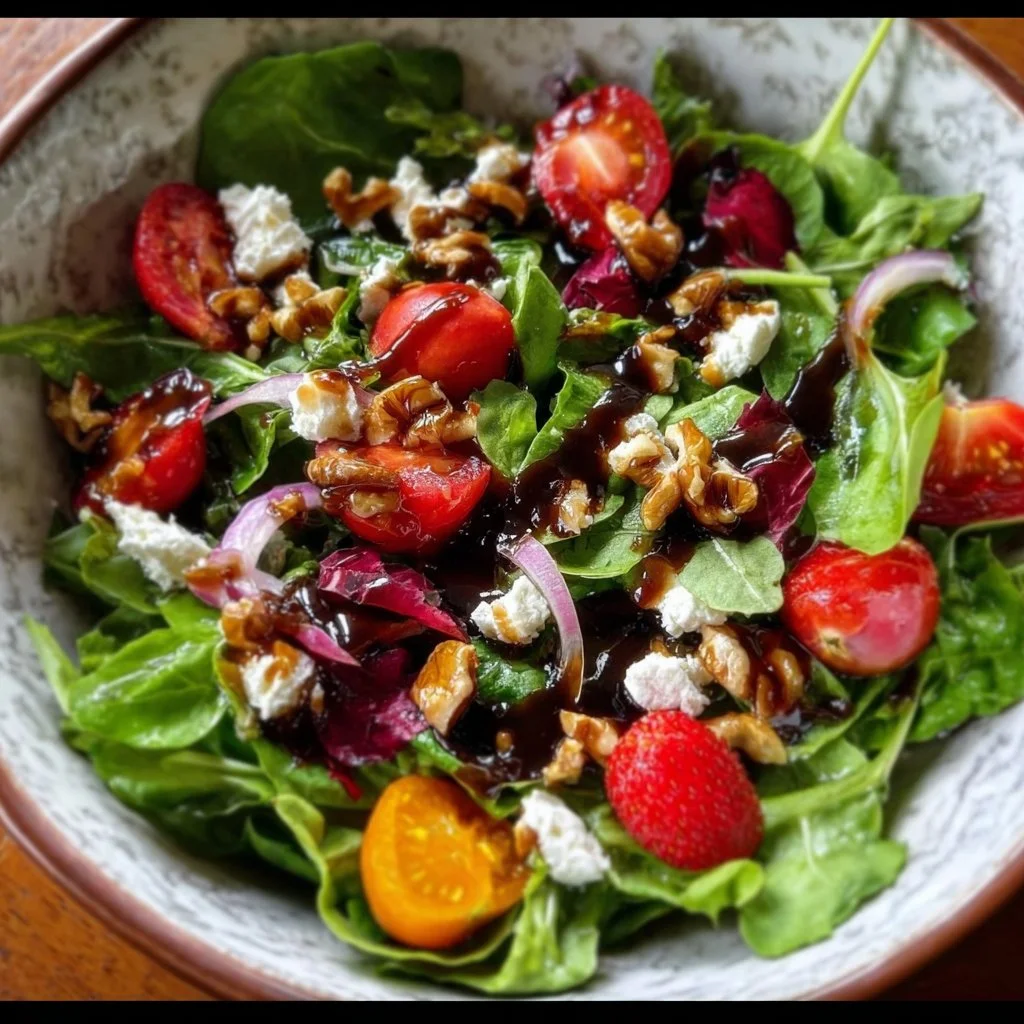 Spring mix salad with balsamic honey dressing served on a plate.