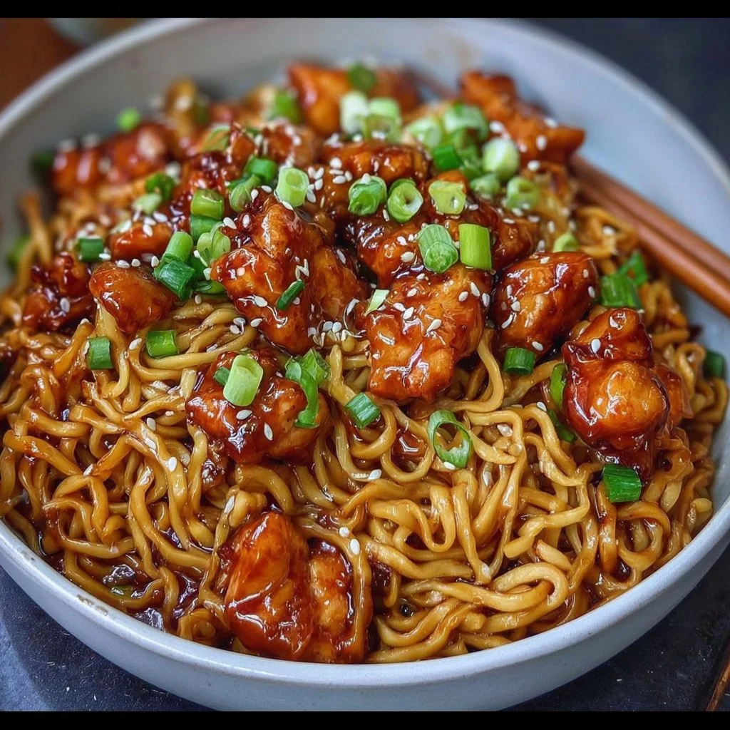 Plate of sticky garlic chicken noodles garnished with fresh herbs