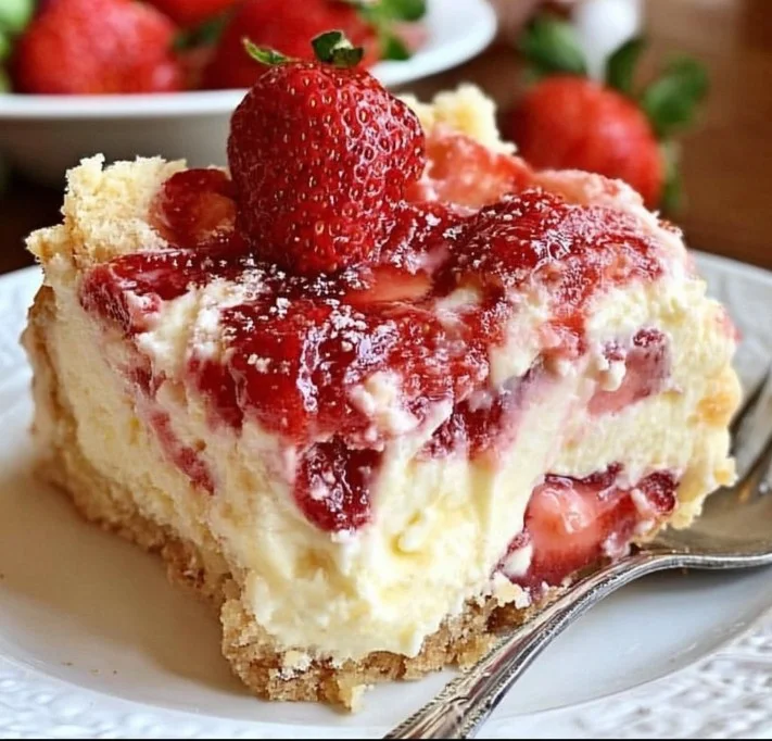 Delicious strawberry cheesecake dump cake topped with fresh strawberries.