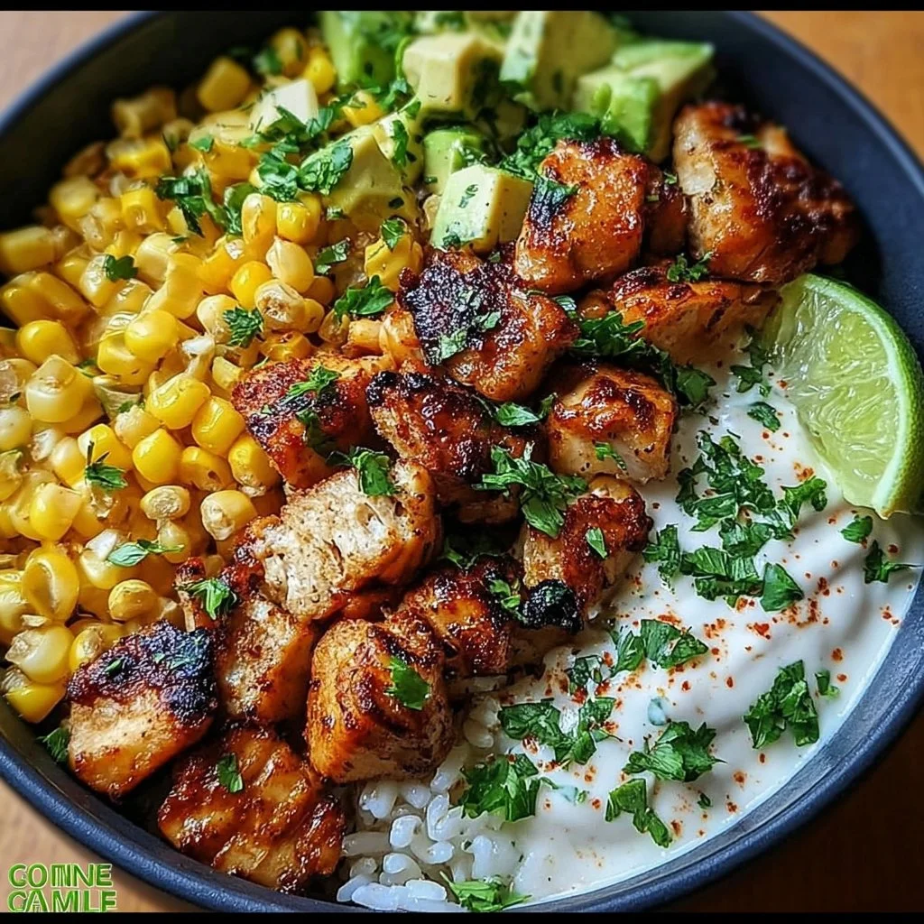 Delicious Street Corn Chicken Rice Bowl with grilled chicken and street corn